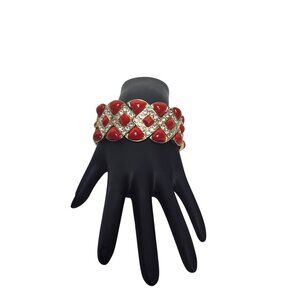 Gold Tone, Clear Rhinestones And Red Cabochons Stretch Bracelet (6239)